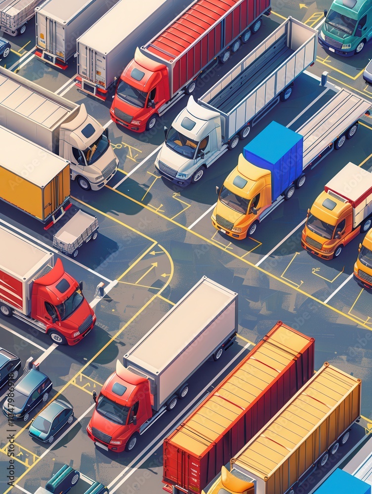 Poster multiple trucks and vans are parked at a warehouse, prepared for loading and delivery during a bustl
