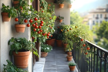Naklejka premium Charming Urban Balcony Garden with Lush Tomato Plants in Terracotta Pots