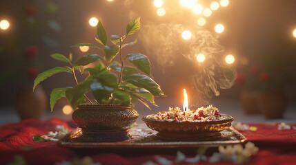 Tulsi Vivah, background of Tulsi plant decorated with red cloth and small lamp, offering tray with flowers and incense, soft light from oil lamp surrounds the plant, Ai generated images