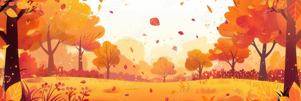 Aufkleber The tranquil forest features trees adorned with bright fall leaves, illuminated by gentle sunlight, creating a warm autumn atmosphere. Generative AI