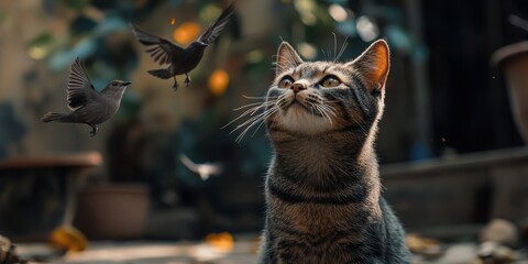a cat looking up at a bird flying by