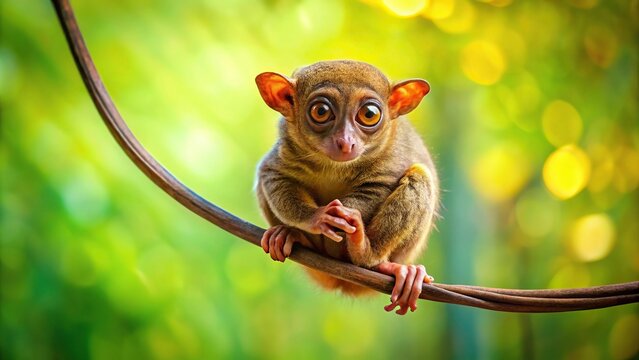 tarsier hanging on wooden branch with green and yellow background