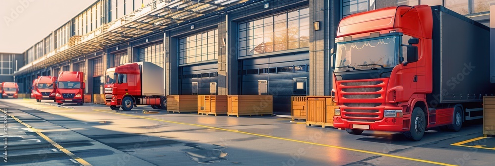 Aufkleber several trucks and vans are parked at a warehouse, prepared for loading and unloading goods during t