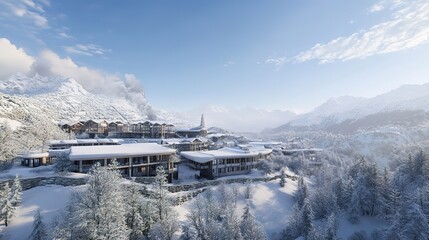 A picturesque mountain resort nestled in the breathtaking landscape of towering peaks and lush valleys. This serene getaway features cozy lodges and cabins surrounded by pristine nature,