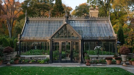 Obraz premium Ornate Glass Greenhouse Surrounded by Trees and Flowers
