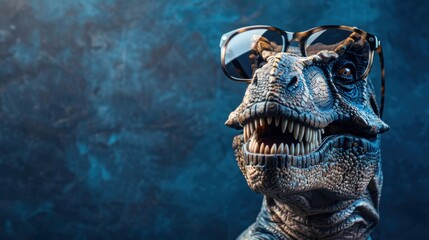 Obraz premium T-rex Funny Silly Crazy Happy Laughing Funny Funny Face, wearing glasses, dark blue background
