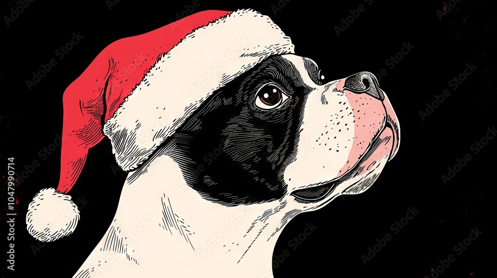 Wall mural French Bulldog Wearing Santa Hat   Christmas Dog Illustration