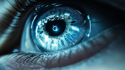 A close-up of a human eye with a futuristic blue digital interface overlay.