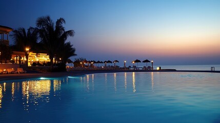 Fototapeta premium Breathtaking view of a serene sea shore resort, featuring pristine sandy beaches, crystal-clear turquoise waters, and luxurious cabanas lining the shore. This idyllic getaway showcases palm trees sway
