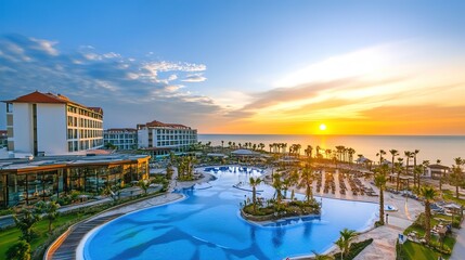 Fototapeta premium Breathtaking view of a serene sea shore resort, featuring pristine sandy beaches, crystal-clear turquoise waters, and luxurious cabanas lining the shore. This idyllic getaway showcases palm trees sway