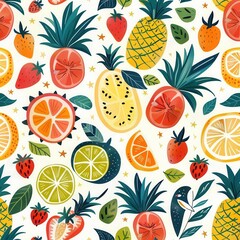 Vibrant illustration showcasing a variety of fruits including pineapples, lemons, and strawberries, creating a lively pattern. Generative AI