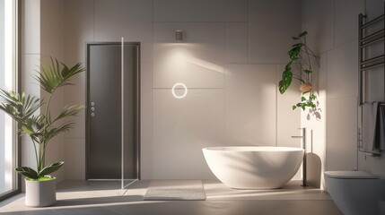 Fototapeta premium Minimalist Bathroom with Freestanding Tub, Plants, and a Large Window