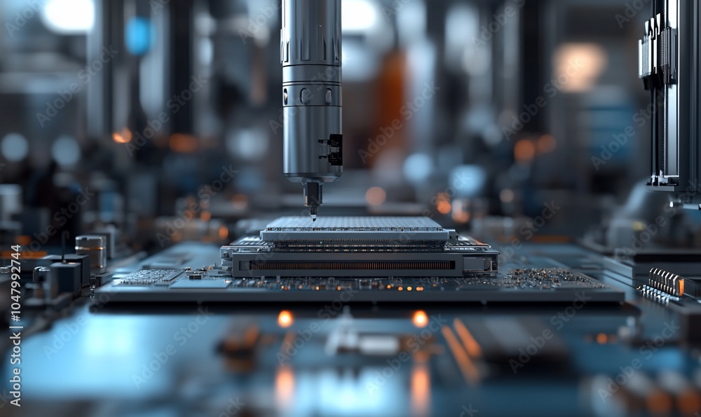 Leinwandbilder a close-up of a robotic arm assembling a circuit board in a factory.