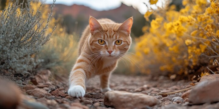 a cat walking on a rocky path - Powered by Adobe