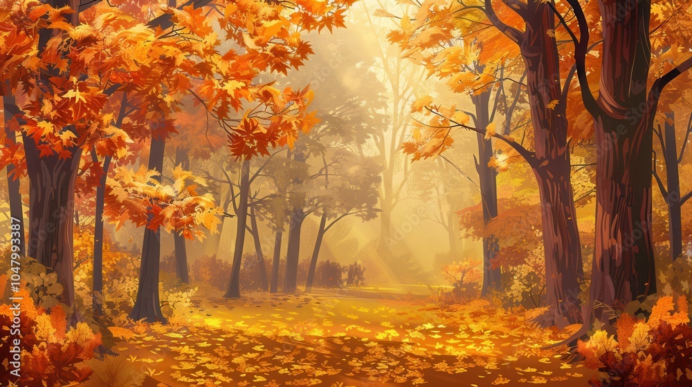 Aufkleber bright fall leaves cover the ground and trees in a golden autumn forest, illuminated by soft sunligh