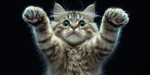 a cat with its paws up in the air