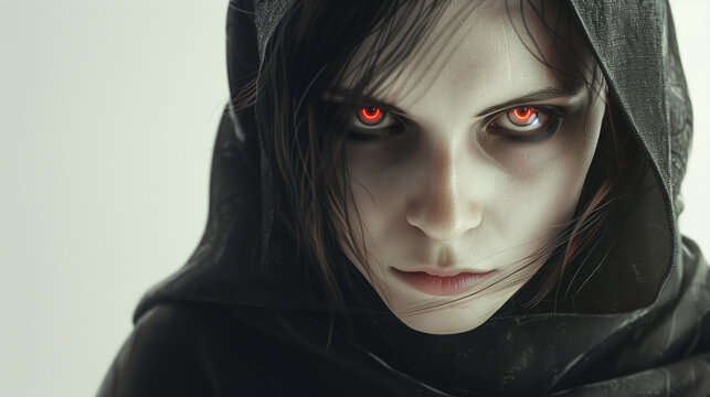 Dark hooded figure with glowing red eyes, intense gaze, and a sinister expression