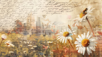 Fototapeta premium Artistic collage of daisies, bees, and handwritten script with a blurred cityscape in the background