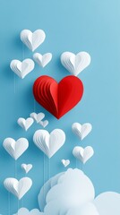 illustration of a Happy Valentine's Day background with a red heart and white paper-cut hearts on a blue pastel background,