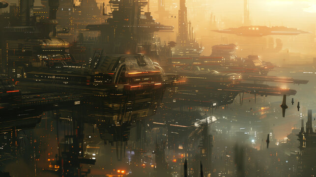 Futuristic cityscape with massive industrial structures and floating platforms under warm sunset lighting
