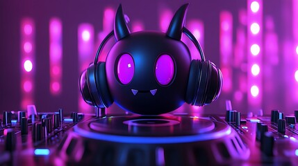 Fototapeta premium Cute Devil DJ with Headphones and Neon Lights on a Mixer.