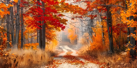 Fototapeta premium Forest pathway with fiery red and deep gold autumn foliage in scenic fall landscape