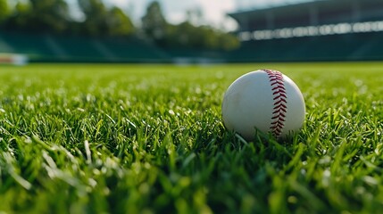 A close-up view of a baseball on a green field with a baseball stadium in the background.