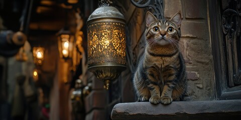 Fototapeta premium a cat sitting on a ledge next to a lamp