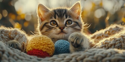 a kitten is playing with a ball of yarn