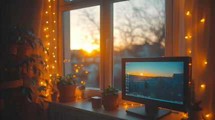 Computer Screen with Sunset View Illustration