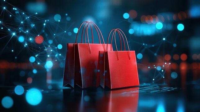Red Shopping Bags on a Digital Background Representing Modern Retail and E-Commerce Trends