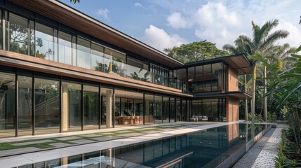 Modern Glass and Wood Residence with Pool and Lush Greenery