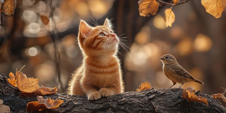 a cat is looking up at a bird