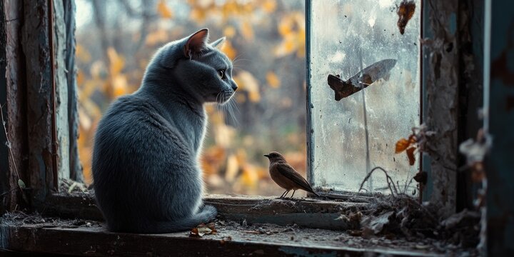 a cat sitting on a window sie looking at a bird