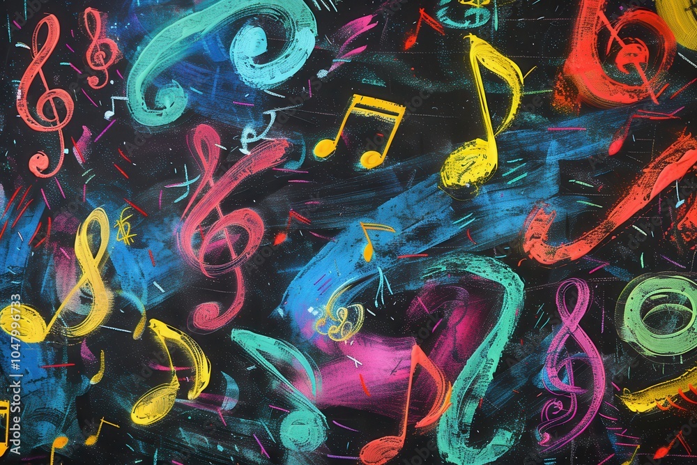 Poster a vibrant chalkboard displays a mix of colorful brushstrokes and musical notes, creating an artistic