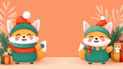 Fototapeta premium Cute Foxes Holding Gifts in Winter Wonderland