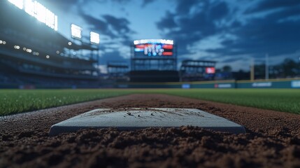 A close-up view of home plate on a baseball field at dusk, with the scoreboard and stadium lights in the background.