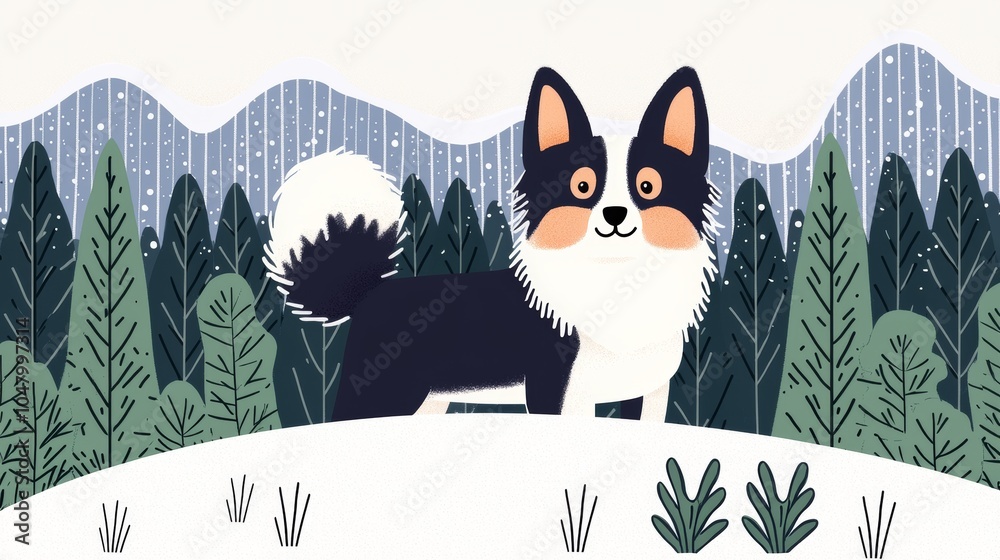 Poster Cute Dog in Snowy Forest Illustration