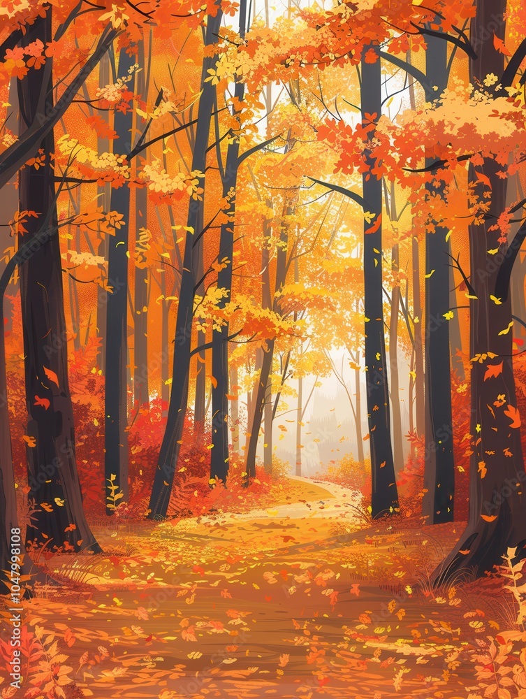 Poster a peaceful forest path meanders through trees dressed in stunning fall foliage, creating a warm, gol
