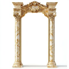 Naklejka premium luxury tall yellow marble frame with gold intricate carving and line on white background 