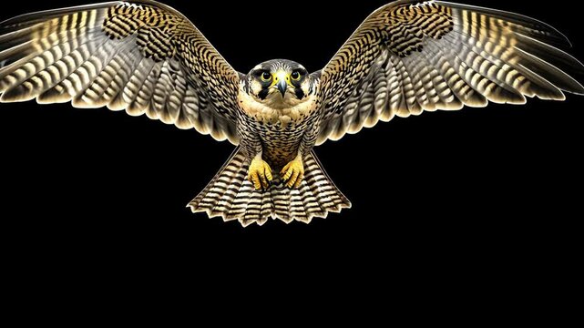 A peregrine falcon with its wings spread wide, soaring through the air against a black background
