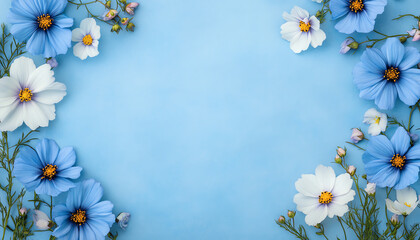 Fototapeta premium A beautiful arrangement of blue and white flowers on a soft blue background, creating a serene and fresh atmosphere perfect for floral designs.