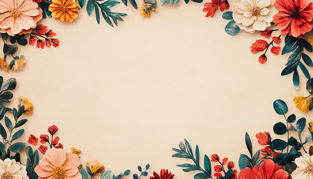 A beautiful arrangement of colorful flowers and lush green leaves framing a soft beige background, perfect for invitations or digital designs.