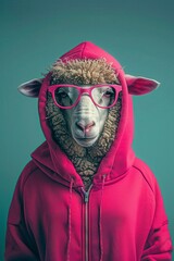 A sheep wearing a pink hoodie and glasses, combining humor and anthropomorphism.