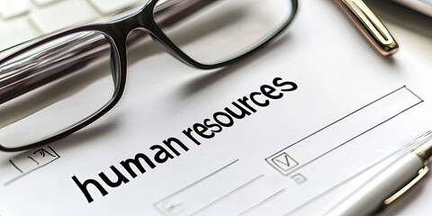 The word "human resources" is written on a white piece of paper using a pen, with a pair of glasses nearby, generative AI