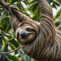 Fototapeta premium A slow-moving sloth hanging from a branch with a contented smile.