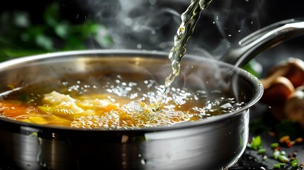 Water flowing from the saucepan of broth on the cooking surface