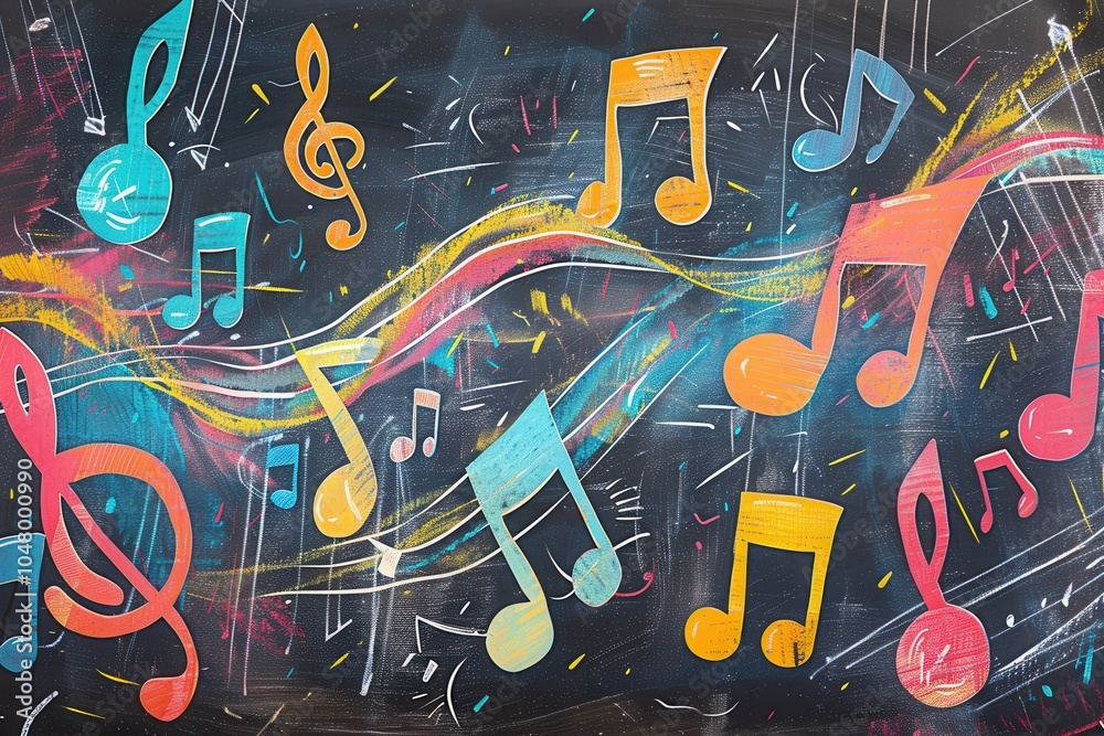 Aufkleber The chalkboard displays lively brushstrokes intertwined with musical notes, creating an engaging and colorful environment for learning. Generative AI