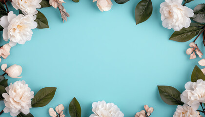 Obraz premium A beautiful arrangement of pale flowers and green leaves on a vibrant turquoise background, creating a fresh and lively atmosphere.