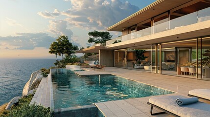 Fototapeta premium Seaside Serenity: Stunning Oceanfront Home with Pool and Direct Water Access